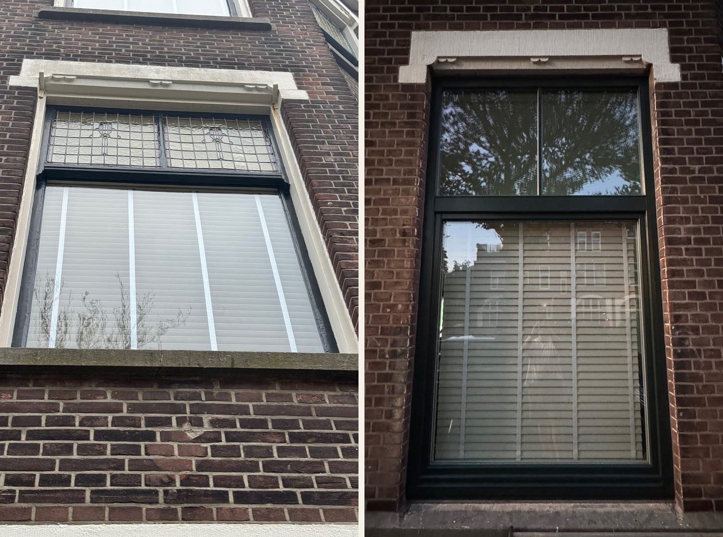 Houten kozijn straatzijde voor en na, Den Haag